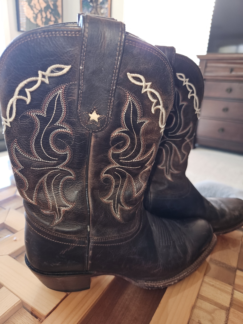 Tony Lama Dark Brown Leather Western Boots with Cream Embroidery